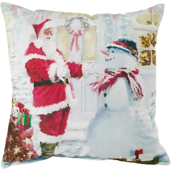 Violet Linen Christmas Snowed Man, Polyester, Super soft feel faux suede fabric, digital print, Santa Claus with Snowman Design, 18 Inch by 18 Inch, Decorative Accent Throw Pillow