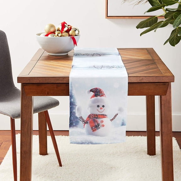 Violet Linen Christmas Snowed Man, Polyester, Super soft feel faux suede fabric, digital print, Snowman with Red Hat Design, 12 Inch by 70 Inch, Decorative Table Runner