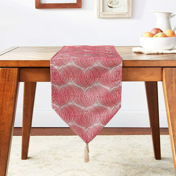 Violet Linen Circular Full Concentric Rings Spiral Pattern, Polyester Jacquard, Damask Poly, with Tassles, Burgundy, 13 Inch by 70 Inch, Decorative Table Runner