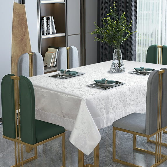 Violet Linen Classic Abstract Border Pattern, Polyester Woven Jacquard, White , 70 Inch by 132 Inch, Seats 10 to 12 people, Rectangular Tablecloths