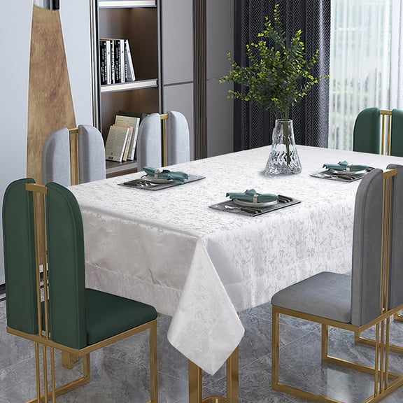 Violet Linen Classic Abstract Border Pattern, Polyester Woven Jacquard, White , 70 Inch by 180 Inch, Seats 16 to 18 people, Rectangular Tablecloths