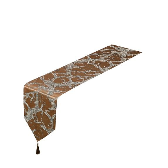 Violet Linen Cordova Abstract Marble Pattern, Polyester Jacquard, with Tassles, Brown, 13 Inch x 70 Inch, Decorative Table Runner