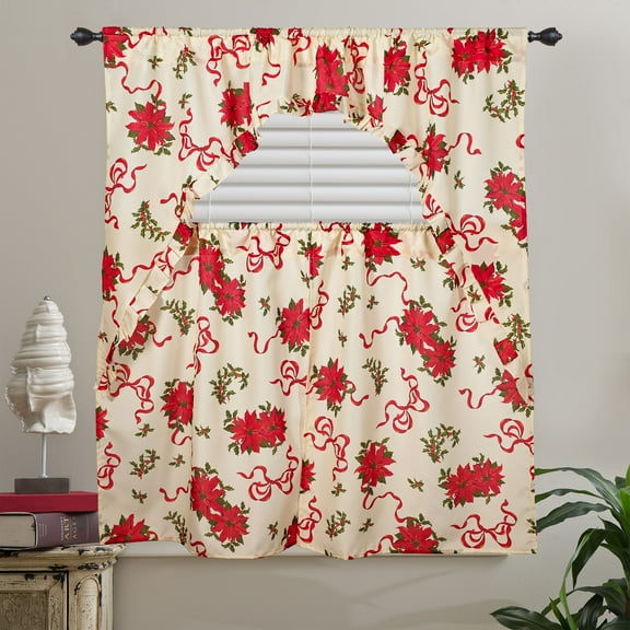 Violet Linen Decorative Christmas Printed Poinsettias Design 3 Piece Kitchen Curtain Set