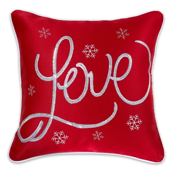 Violet Linen Decorative Christmas Red Embroidered Cushion Cover, 18" x 18" - Love