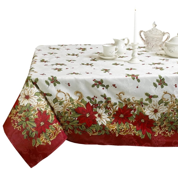 Violet Linen Decorative European Blossom Christmas Tablecloth, Poinsettia & Holly Berry Print - 60" x 102"