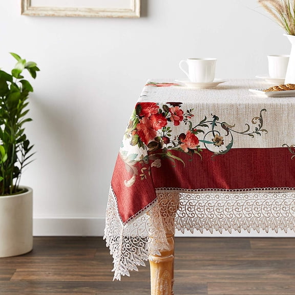 Violet Linen Decorative Printed Ascott Tablecloth with Lace Trimming, Burgundy, 52" x 70"