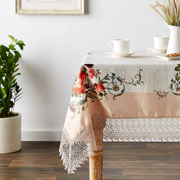 Violet Linen Decorative Printed Ascott Tablecloth with Lace Trimming, Ivory, 70" x 88"