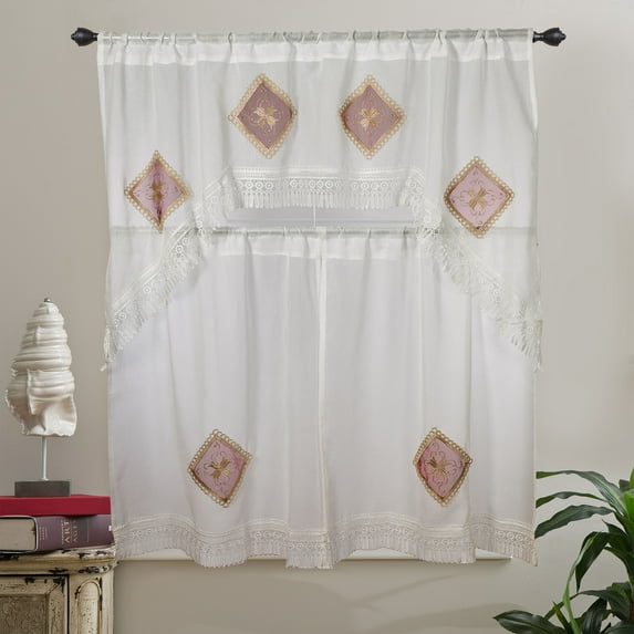 Violet Linen Emerald Sheer Embroidered Design, 3 Piece Kitchen Curtain Set, Burgundy