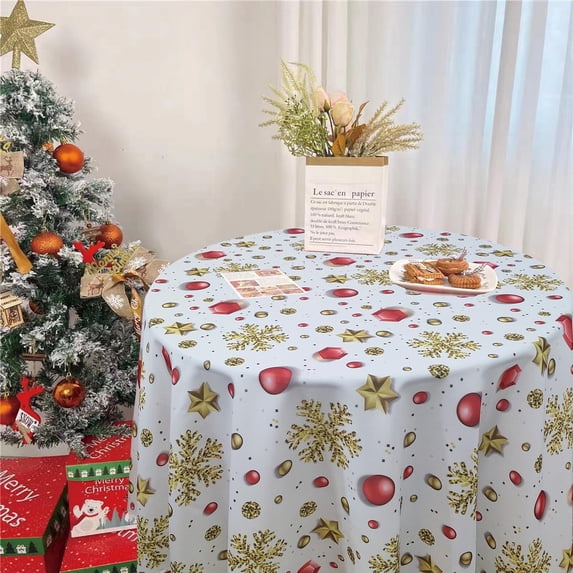 Violet Linen European Christmas Accents Stars, Snowflakes and Jewel Pattern, Polyester Woven Printed Fabric, Multi , 70 inch Round, Seats 4 to 6 people, Tablecloths