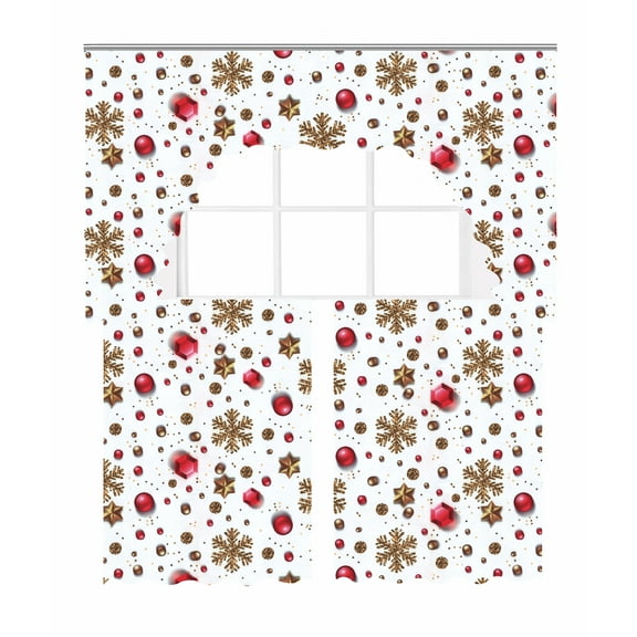 Violet Linen European Christmas Accents Stars, Snowflakes and Jewel Pattern, Polyester Woven Printed Fabric, Window Treatment Rod Pocket Kitchen Window Curtain Panel Tiers and Swag Valance