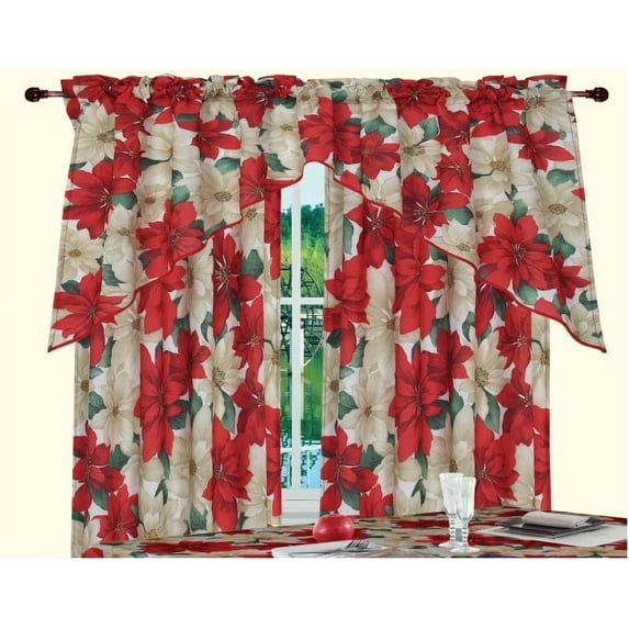 Violet Linen European Christmas Poinsettia Floral Design 60'' Curtain Valance and Tier Set (Set of 3)