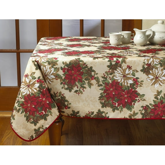 Violet Linen European Christmas Poinsettia Garden Pattern, Polyester Woven Printed Fabric, Beige, 60 Inch by 102 Inch, Seats 8 to 10 people, Rectangular Tablecloths