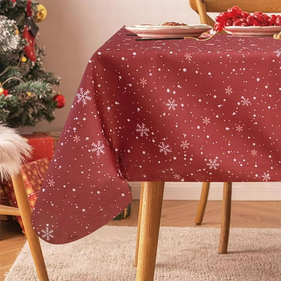 Violet Linen European Christmas Stars and Dots, Snowflakes Pattern, Polyester Woven Printed Fabric, Red , 52 inch by 70 inch, Seats 4 to 6 people, Rectangular Tablecloths