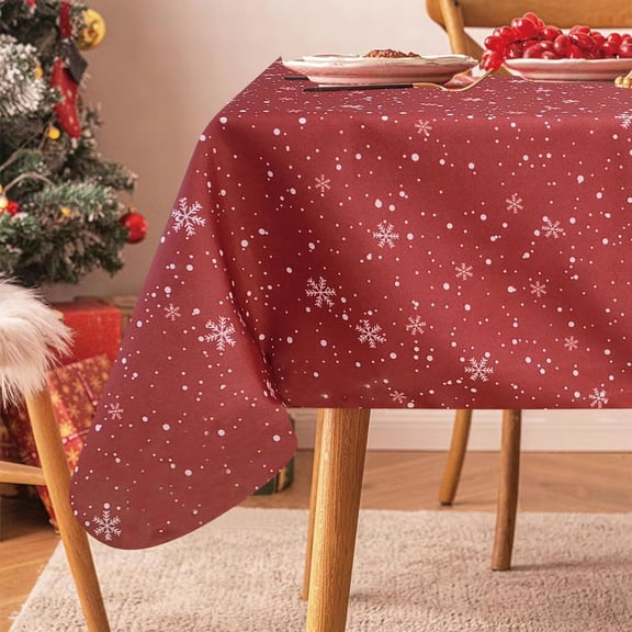 Violet Linen European Christmas Stars and Dots, Snowflakes Pattern, Polyester Woven Printed Fabric, Red , 60 inch by 102 inch, Seats 8 to 10 people, Rectangular Tablecloths