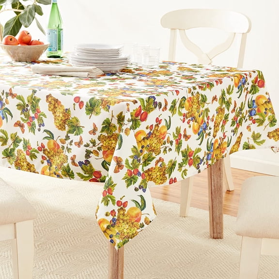 Violet Linen European Garden Fruits Pattern, Polyester Woven Printed Fabric, Beige/Multi, 60 Inch by 84 Inch, Seats 6 to 8 people Tablecloths