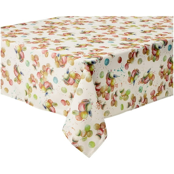 Violet Linen European Macaron Biscuits Pattern, Premium Polyester Fabric Heavy Cotton Feel, Beige/Multi, 52 Inch by 70 Inch, Seats 4 to 6 people Tablecloths