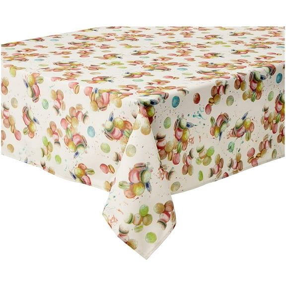 Violet Linen European Macaron Biscuits Pattern, Premium Polyester Fabric Heavy Cotton Feel, Beige/Multi, 60 Inch by 104 Inch, Seats 8 to 10 people Tablecloths