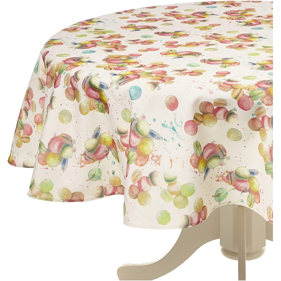 Violet Linen European Macaron Biscuits Pattern, Premium Polyester Fabric Heavy Cotton Feel, Beige/Multi, 70 Inch Round, Seats 4 to 6 people, Tablecloths