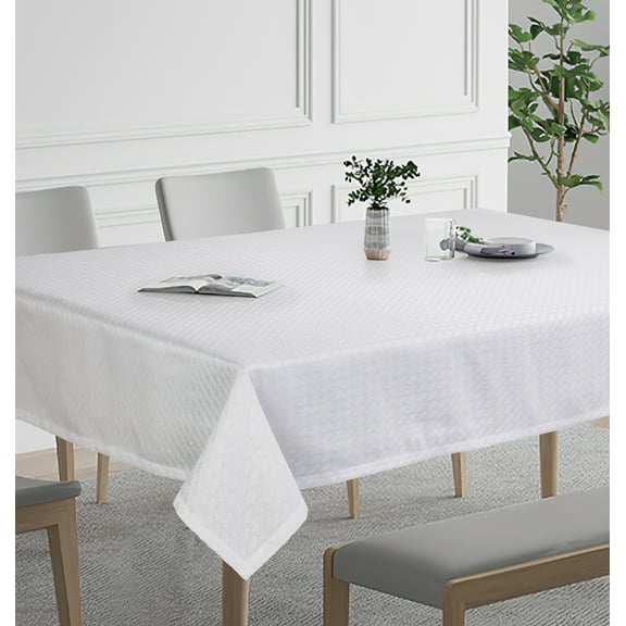 Violet Linen European Novelties Ribbed Striped Pattern, Polyester Woven Jacquard, White , 60 Inch by 140 Inch, Seats 12 to 14 people, Rectangular Tablecloths