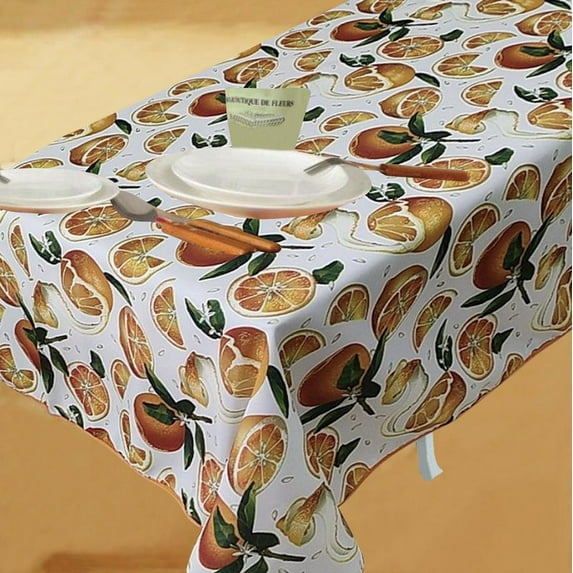 Violet Linen European Oranges Citrus Floral Pattern, Polyester Woven Printed Fabric, Oranges, 60 Inch by 84 Inch, Seats 6 to 8 people, Rectangular Tablecloths