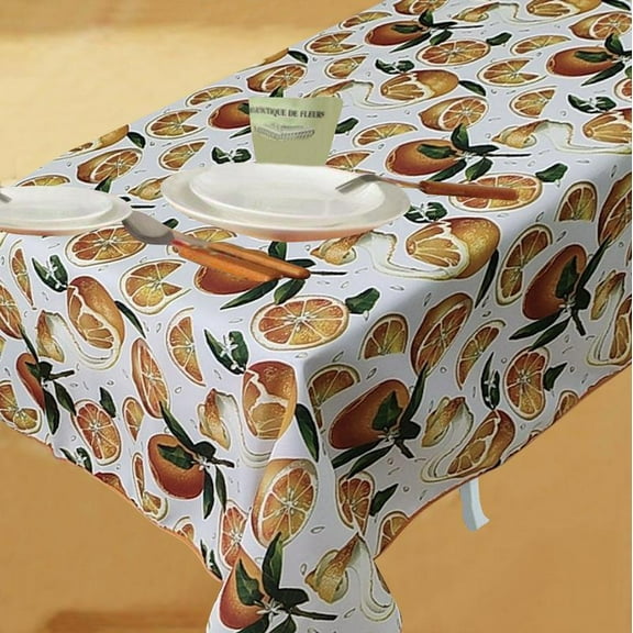 Violet Linen European Oranges Citrus Floral Pattern, Polyester Woven Printed Fabric, Oranges, 70 Inch Round, Seats 4 to 6 people, Tablecloths