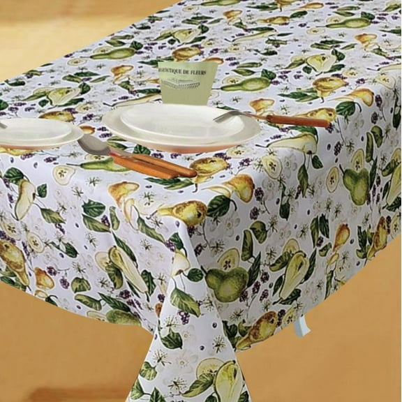 Violet Linen European Pears Flowers Pattern, Polyester Woven Printed Fabric, Pears, 60 Inch by 84 Inch, Seats 6 to 8 people, Rectangular Tablecloths