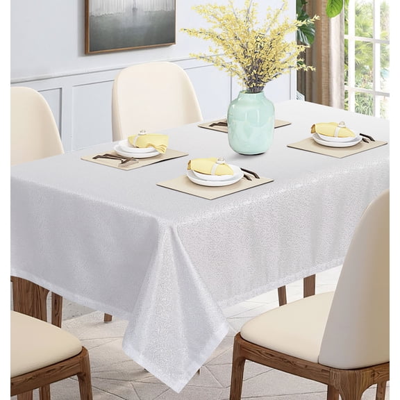 Violet Linen European Sensation Solid Pattern, Polyester Woven Jacquard, White , 60 inch by 108 inch, Seats 8 to 10 people, Rectangular Tablecloths