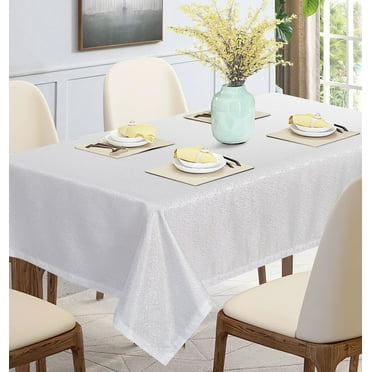 Violet Linen European Sensation Solid Pattern, Polyester Woven Jacquard, White , 60 inch by 84 inch, Seats 6 to 8 people, Rectangular Tablecloths
