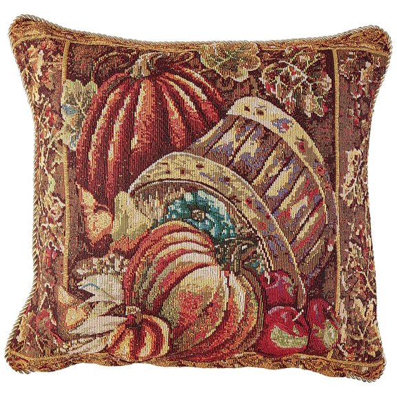 Violet Linen Fall Harvest Thanksgiving Autumn Leaves Sunflowers Fruits Pumpkins Tapestry Pattern, Polyester Cotton Woven Tapestry , Bushel Basket, 18 Inch x 18 Inch, Decorative Throw Pillow Cover