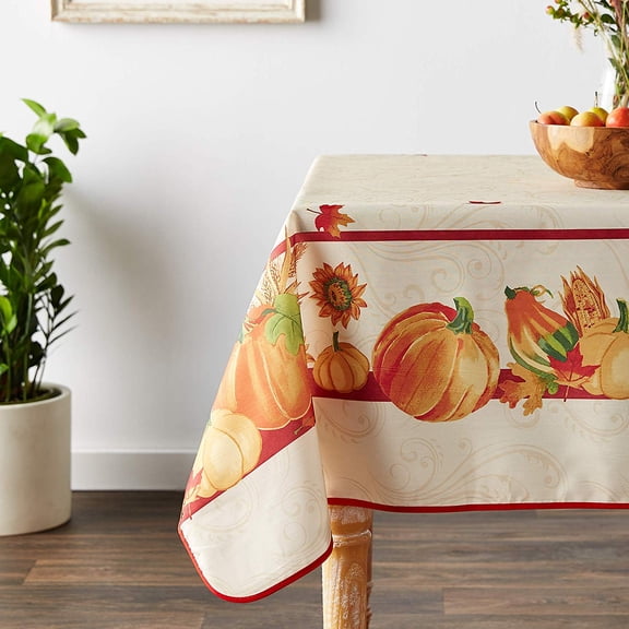Violet Linen Fall Harvest Thanksgiving Autumn Leaves Sunflowers Fruits Pumpkins Tapestry Pattern, Polyester Woven Printed Fabric, Ivory, 60 Inch by 105 Inch, Seats 8 to 10 people, Tablecloths