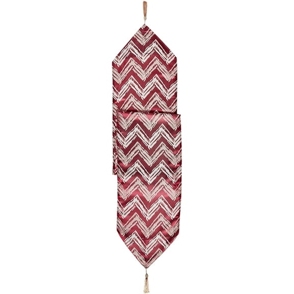 Violet Linen Fantasy Modern Zig Zag Chevron Pattern, Polyester Jacquard, with Tassels, Burgundy, 13 Inch x 70 Inch, Decorative Table Runner