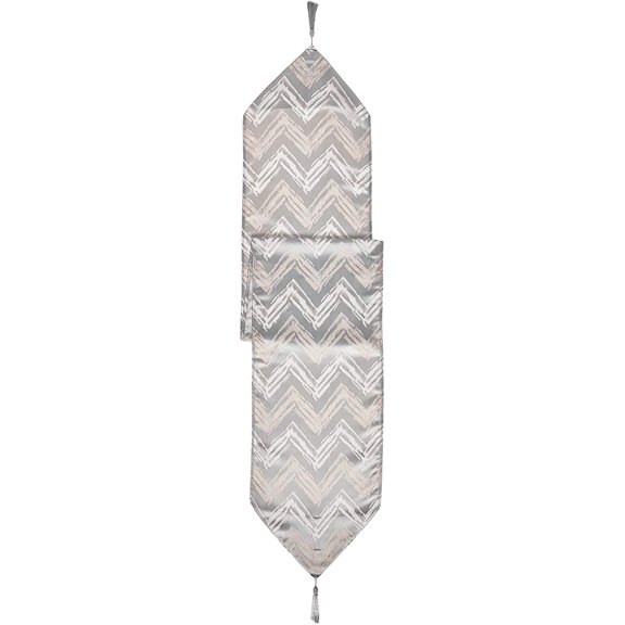 Violet Linen Fantasy Modern Zig Zag Chevron Pattern, Polyester Jacquard, with Tassles, Silver, 13 Inch x 70 Inch, Decorative Table Runner
