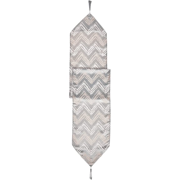 Violet Linen Fantasy Modern Zig Zag Chevron Pattern, Polyester Jacquard, with Tassles, Silver, 13 Inch x 70 Inch, Decorative Table Runner