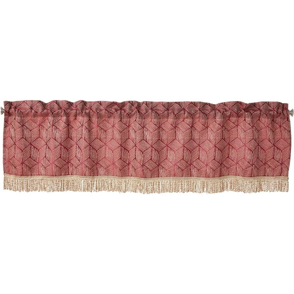 Violet Linen Fortune 3D Geometric Pattern, Polyester Jacquard, with Fringes, Rusty Burgundy, 60 Inch x 18 Inch, Decorative Window Treatment Rod Pocket Curtain Valance