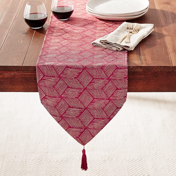 Violet Linen Fortune 3D Geometric Pattern, Polyester Jacquard, with Tassels, Rusty Burgundy, 13 Inch x 70 Inch, Decorative Table Runner