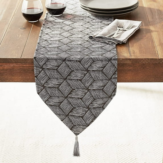 Violet Linen Fortune 3D Geometric Pattern, Polyester Jacquard, with Tassles, Silver, 13 Inch x 70 Inch, Decorative Table Runner