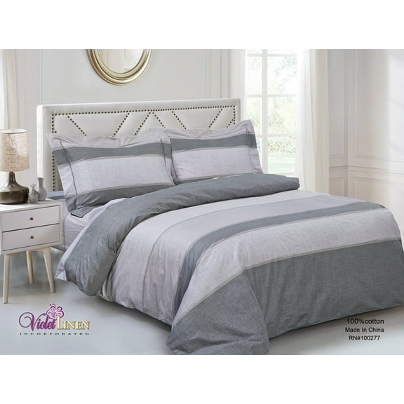 Violet Linen French Beige Grey Stripe Pattern, Luxury Ultra Soft 200 Thread Count Cotton, Multi, Full, 6 Piece, Bedding Duvet Cover Set for Two Beds