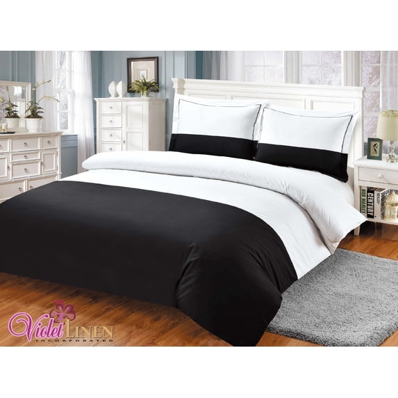 Violet Linen French Hotel Border Pattern, Luxury Ultra Soft 200 Thread Count Polyester-Cotton Percale, Black, Twin 44-inch, 8 Piece Duvet Set, Bedding Duvet Cover Set for Two Beds