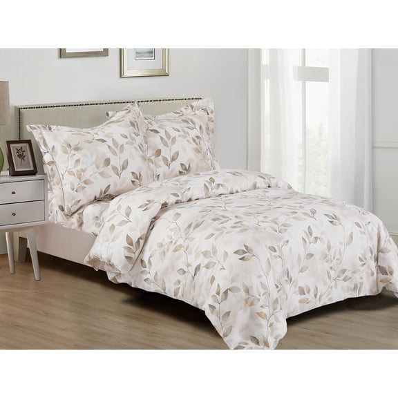 Violet Linen French Mosaic Neutral Botanical Leaf Pattern Bedding Duvet Cover Set