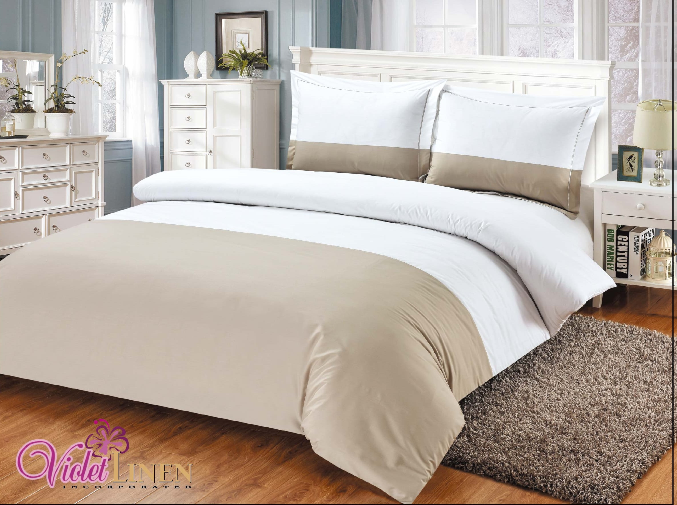 Taupe and White Cotton Twin Duvet Cover Set