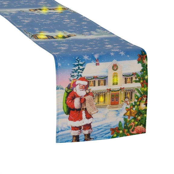 Violet Linen Glories Decorative Illuminated LED Christmas Table Runner, 12" x 70", Santa House Design