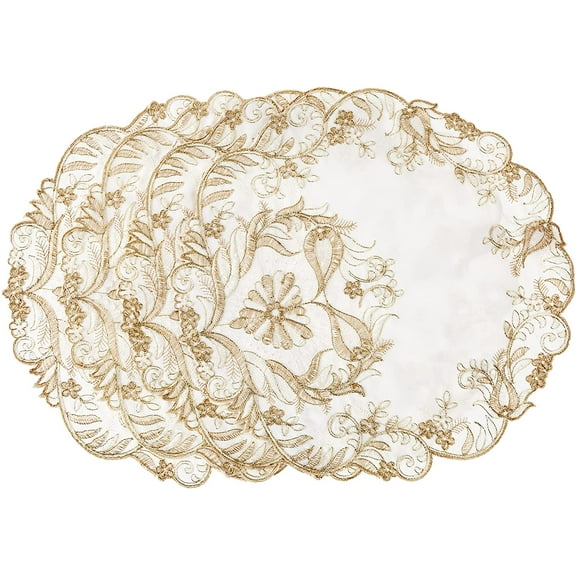 Violet Linen Glory Embroidered Lace Pattern, Polyester Embroidered Lace, Ivory, 16 Inch, Round, Set of 4, Decorative Place Mats