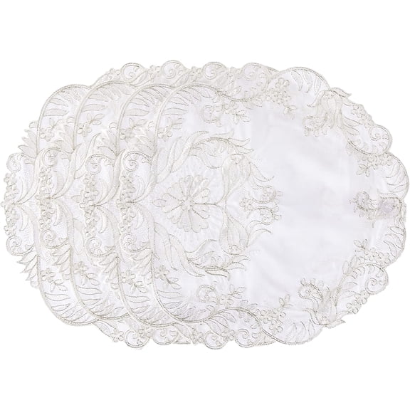 Violet Linen Glory Embroidered Lace Pattern, Polyester Embroidered Lace, White, 16 Inch, Round, Set of 4, Decorative Place Mats
