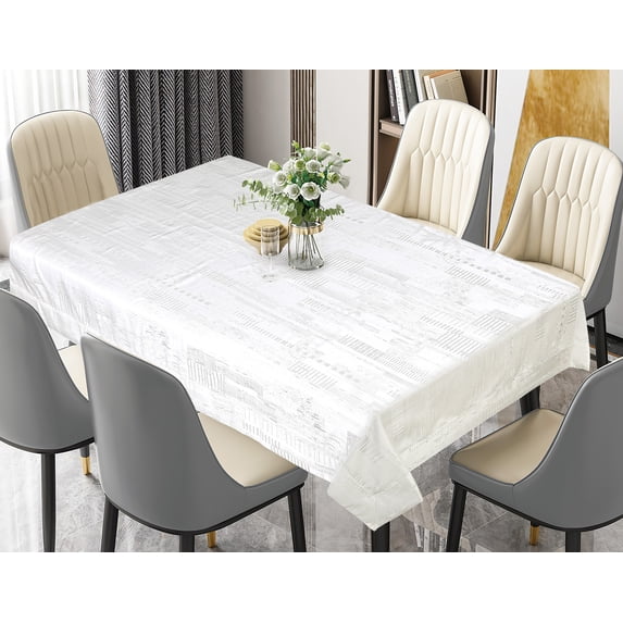 Violet Linen Glory Modern Abstract Border Pattern, Polyester, Heavyweight Engineered Luxurious Damask Upscale Jacquard Fabric, White, 70" by 132", Seats 10 to 12 people, Rectangular Tablecloths