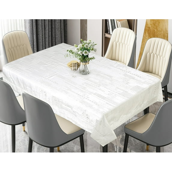 Violet Linen Glory Modern Abstract Border Pattern, Polyester, Heavyweight Engineered Luxurious Damask Upscale Jacquard Fabric, White, 70" by 180", Seats 16 to 18 people, Rectangular Tablecloths