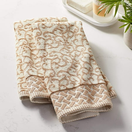 Violet Linen Hand Towels Set of 2 Swirl Pattern, 100% Terry Cotton Super Soft Highly Absorbent Hand Towel for Bathroom, 20 Inch by 30 Inch, Taupe, Hand Bath Towels