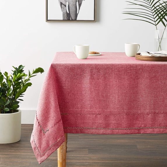 Violet Linen Hem Stitch Border Pattern, Polyester, Non-Stain, Spill-Proof and Water Resistance, Cranberry, 60 Inch by 84 Inch, Seats 6 to 8 people, Rectangle