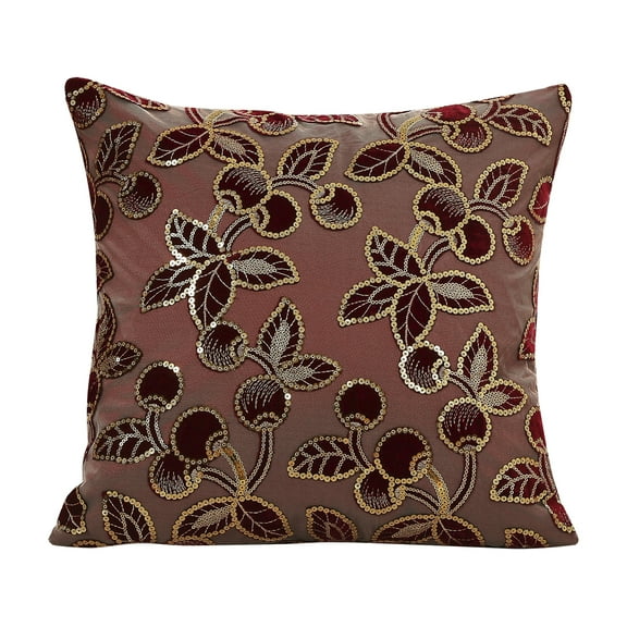 Violet Linen Heritage Vintage Cherry Flower Pattern, Polyester Embroidered Sequin, Burgundy , 18 Inch x 18 Inch, Square, Decorative Accent Throw Pillow