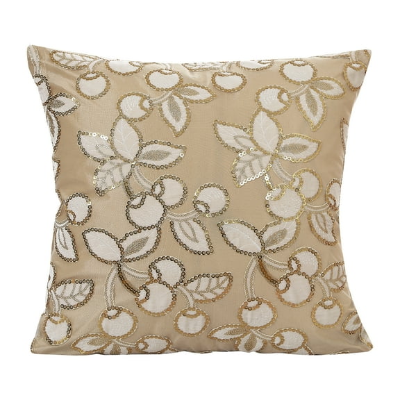 Violet Linen Heritage Vintage Cherry Flower Pattern, Polyester Embroidered Sequin, Gold , 18 Inch x 18 Inch, Square, Decorative Accent Throw Pillow