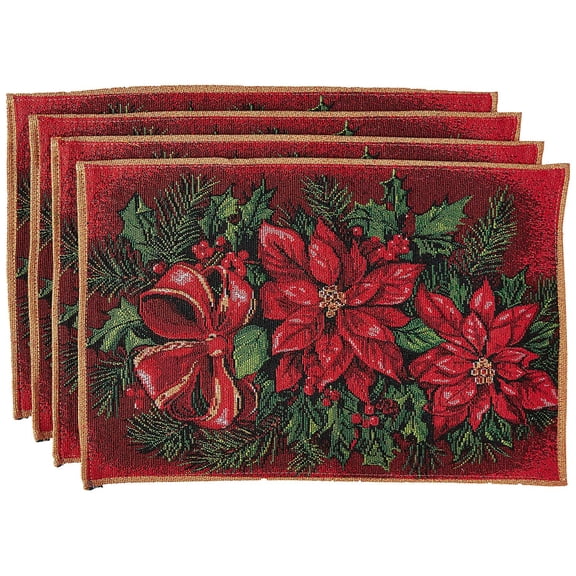 Violet Linen Holiday Poinsettia Tapestry Pattern, Polyester Cotton Woven Tapestry , Poinsettia, 13" X 19" Rectangular Place Mats, Set of 4